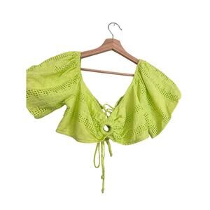 Wild Fable Lime Green Floral Eyelet Puff Sleeve Crop Top Size Medium